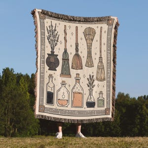 Witchy Blanket Woven Throw, Magical Brooms and Potions, Gothic Halloween Home Decor, Cozy Occult Fall Throw Blanket