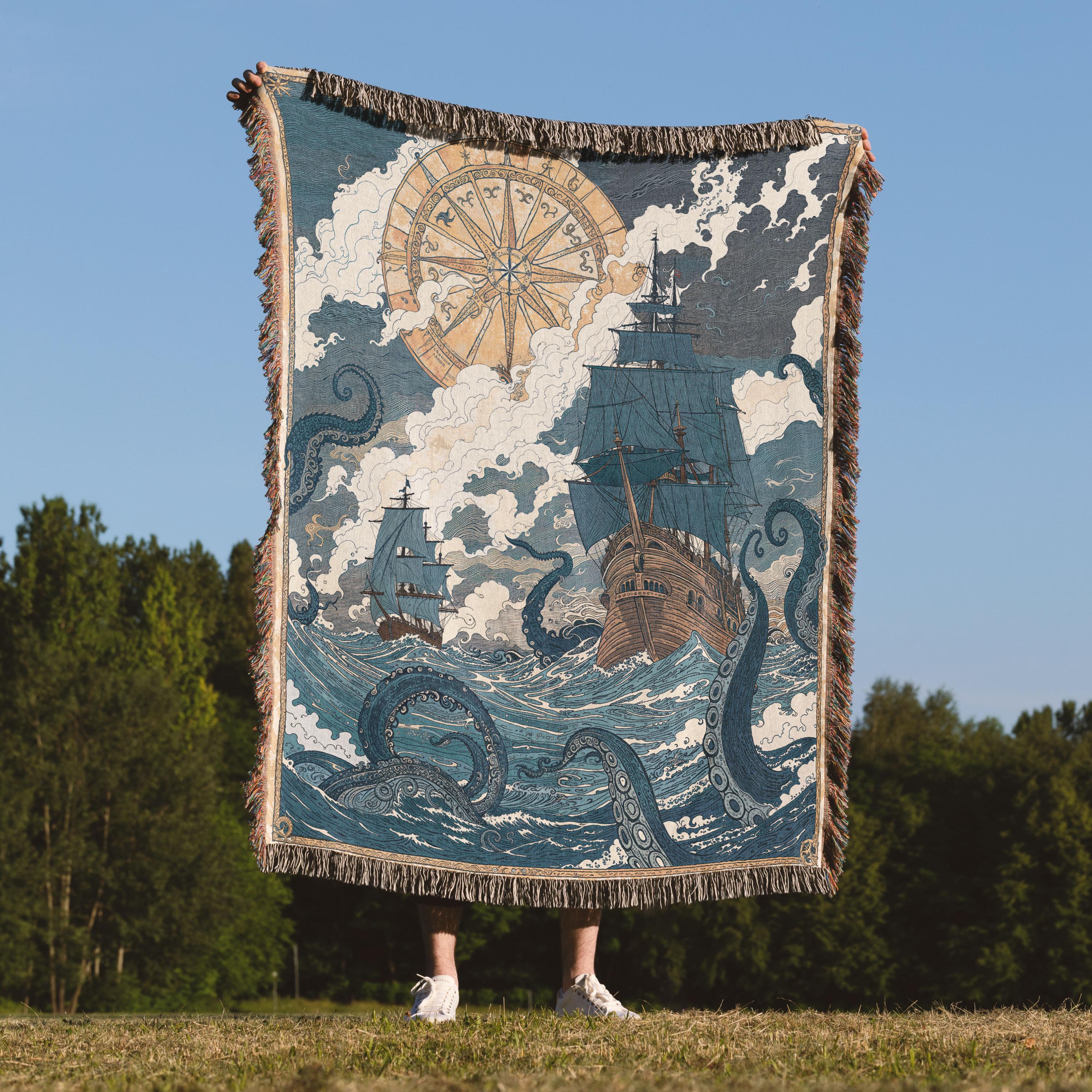 Kraken Ship Scene Woven Blanket, Vintage Nautical Art, Antique Map