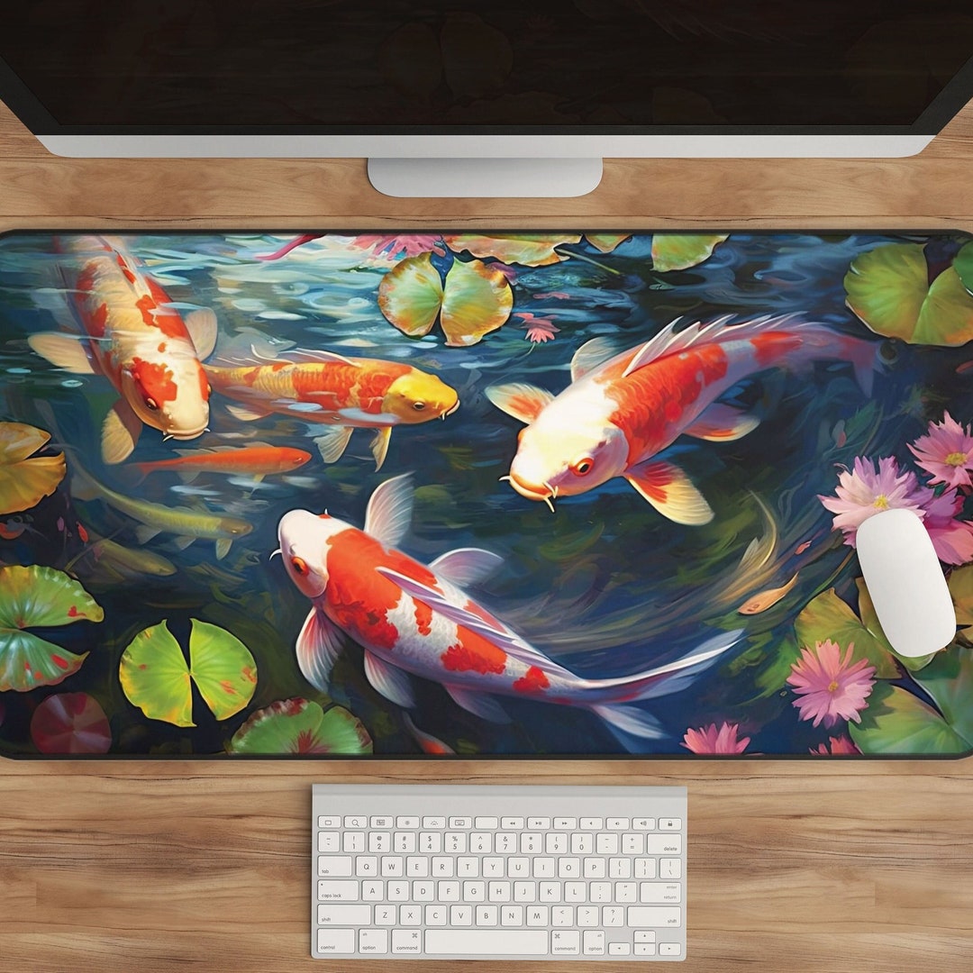 Koi Fish Mouse Pad Large Desk Mat With Japanese Art Serene Zen Office Decor Kawaii, Cute, Floral