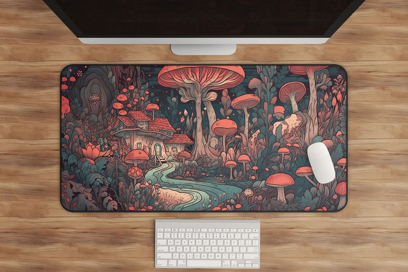 May include: A colorful mousepad with a whimsical illustration of a mushroom forest, a small house, and a winding path. The design features a variety of mushrooms in shades of red, orange, and yellow, as well as green foliage and a blue stream.