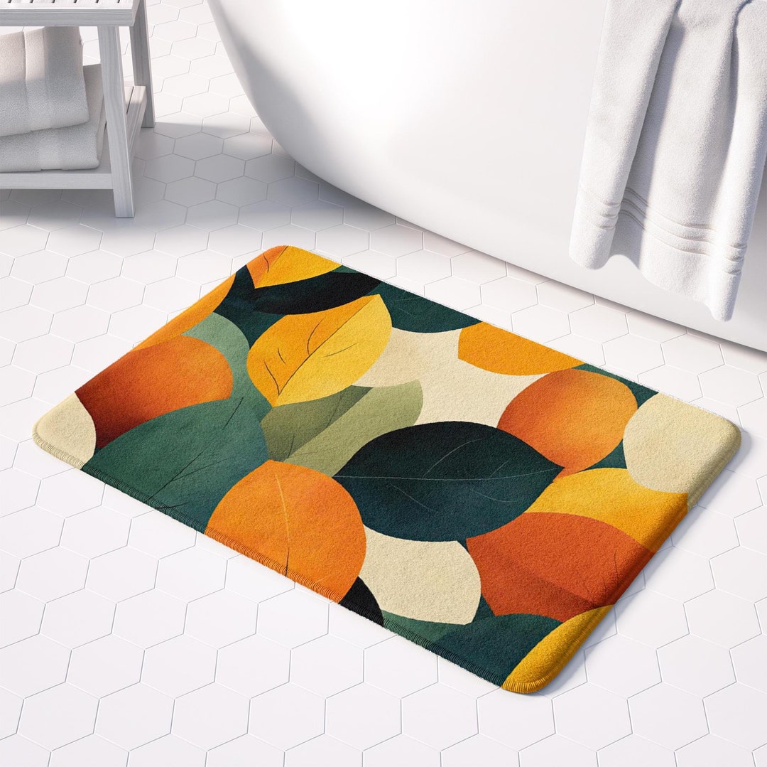 Image showcasing Autumn Leaf Bath Mat: Cozy, Colorful Abstract for Earthy Bathroom Decor ...