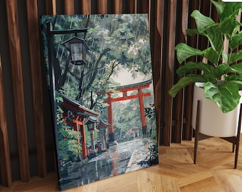 Serene Japanese Shrine Canvas Art: Rainy Anime Scene, Extra Large
