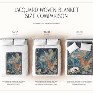 May include: Jacquard woven blankets in three sizes: 37x52 inches, 50x60 inches, and 60x80 inches. Each blanket features a detailed illustration of an angel. The image includes text: "Jacquard Woven Blanket Size Comparison."