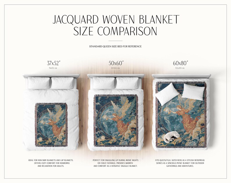 May include: Jacquard woven blankets in three sizes: 37x52 inches, 50x60 inches, and 60x80 inches. Each blanket features a detailed illustration of an angel. The image includes text: "Jacquard Woven Blanket Size Comparison."