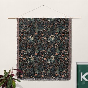 Dark Floral Blanket Woven Throw, Autumn Botanical Design, Cozy Fall Decor, Vintage Garden Style image 16