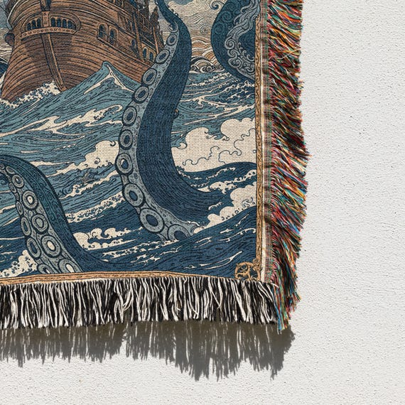 Kraken Ship Scene Woven Blanket, Vintage Nautical Art, Antique Map