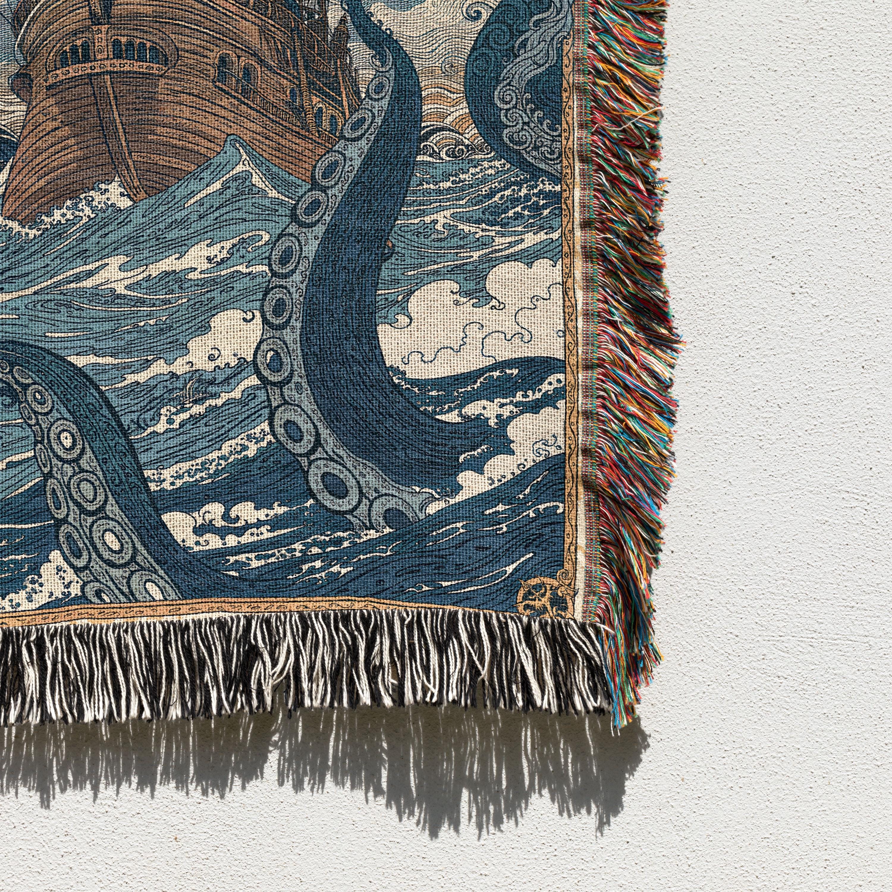 Kraken Ship Scene Woven Blanket, Vintage Nautical Art, Antique Map