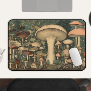 May include: A vintage illustration featuring a diverse collection of mushrooms in various colours and sizes, including red, brown, white, and yellow. The mushrooms are depicted against a green background with leaves and other foliage.