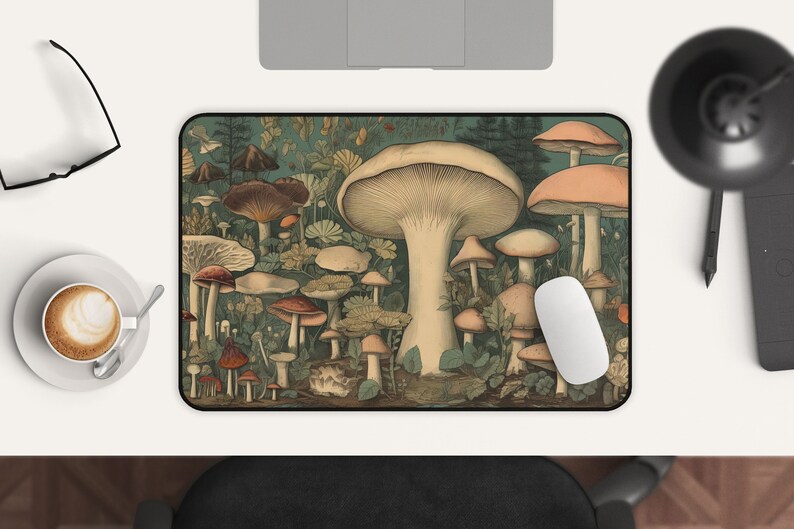 May include: A vintage illustration featuring a diverse collection of mushrooms in various colours and sizes, including red, brown, white, and yellow. The mushrooms are depicted against a green background with leaves and other foliage.