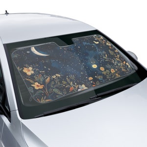 Car Sun Shade - Celestial Night Sky with Floral & Botanical Design | Dreamy Bohemian Car Accessory