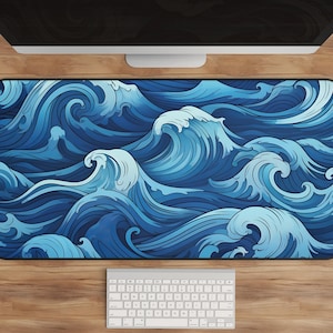 May include: Blue and white wave pattern desk mat. The waves are stylised and resemble Japanese art.