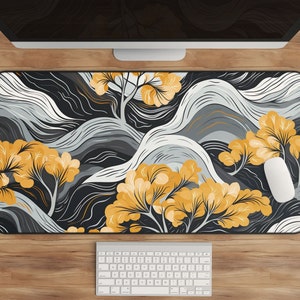 Abstract Landscape Desk Mat - Artistic Mousepad with Rolling Hills and Yellow Trees, Perfect for Artists and Nature Lovers