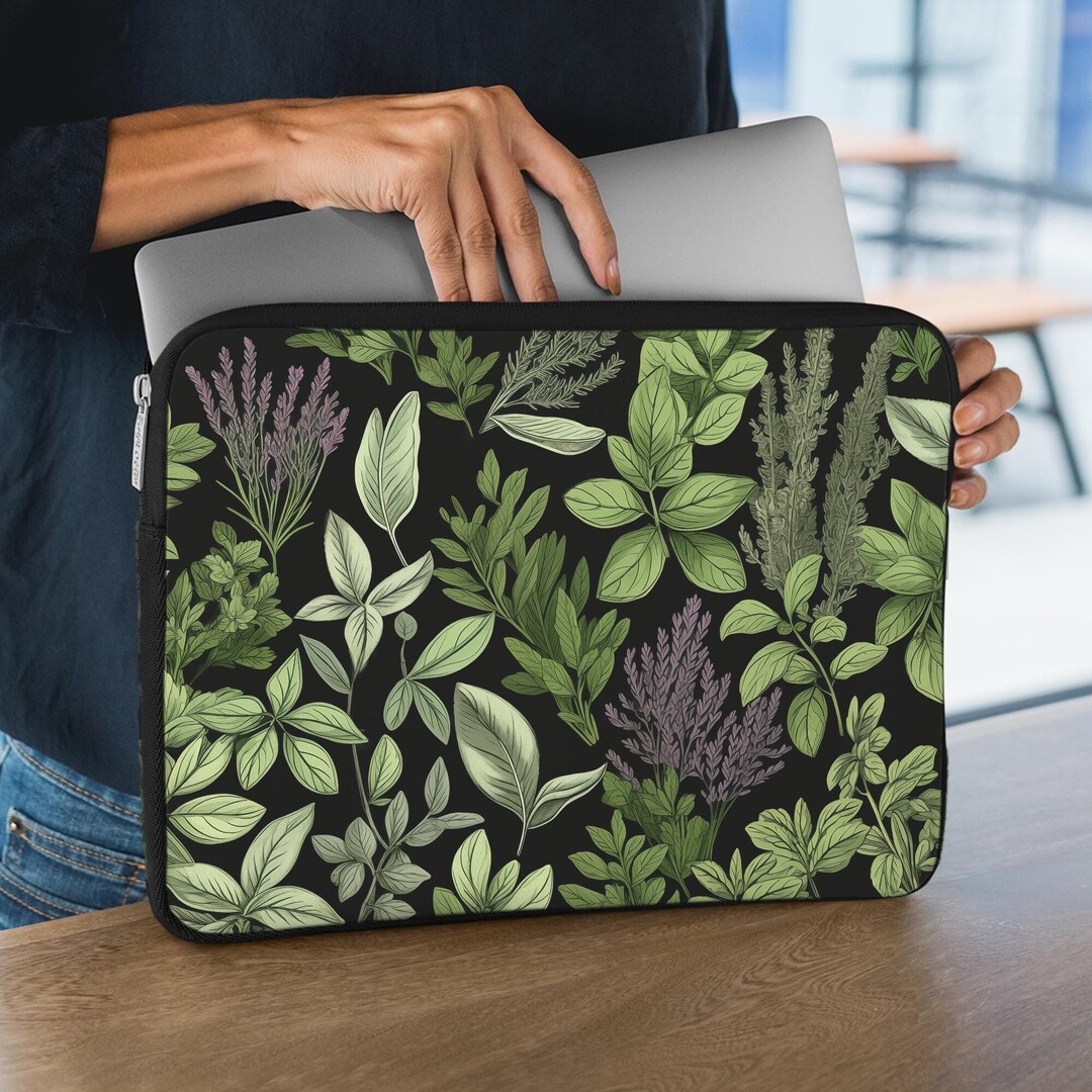 Cute Laptop Sleeve, Herbal Cottagecore Laptop Sleeve, Green Floral Laptop Case, Aesthetic