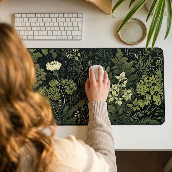 Botanical Art Nouveau Desk Mat - Sage Green Floral And Plant Detailed Design - Ideal Cute Office Decor & Extended Keyboard Mat