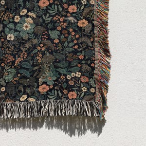 Dark Floral Blanket Woven Throw, Autumn Botanical Design, Cozy Fall Decor, Vintage Garden Style image 18