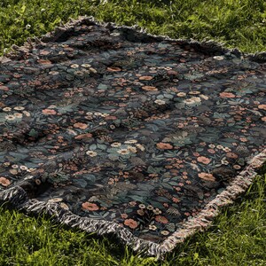 Dark Floral Blanket Woven Throw, Autumn Botanical Design, Cozy Fall Decor, Vintage Garden Style image 12