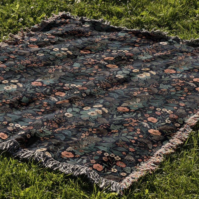 Dark Floral Blanket Woven Throw, Autumn Botanical Design, Cozy Fall Decor, Vintage Garden Style image 12