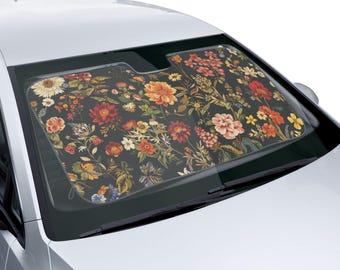 Pare-soleil floral pour voiture, style botanique rétro coloré (pare-brise ou vitre latérale)