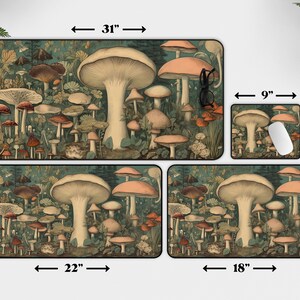 May include: A set of four mouse mats featuring a vintage illustration of mushrooms in shades of brown, red, white, and green. The largest mouse mat is 79 cm wide and 39 cm tall. The other three mouse mats are 56 cm by 30 cm, 46 cm by 30 cm, and 23 cm by 18 cm.