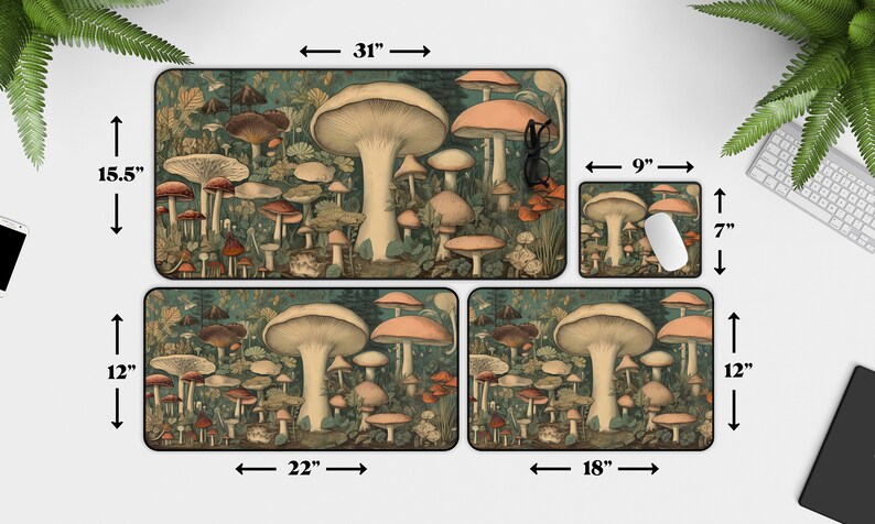May include: A set of four mouse mats featuring a vintage illustration of mushrooms in shades of brown, red, white, and green. The largest mouse mat is 79 cm wide and 39 cm tall. The other three mouse mats are 56 cm by 30 cm, 46 cm by 30 cm, and 23 cm by 18 cm.