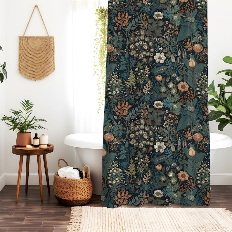 May include: A dark blue shower curtain with a floral pattern featuring various shades of green, orange, and white flowers. The pattern is a repeating design of flowers and leaves.