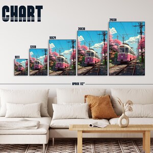 May include: Size chart for a print of a pink train traveling through a Japanese town with cherry blossom trees. The print is available in five sizes: 9x11 inches, 12x18 inches, 18x24 inches, 20x30 inches, and 24x30 inches.