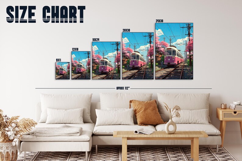 May include: Size chart for a print of a pink train traveling through a Japanese town with cherry blossom trees. The print is available in five sizes: 9x11 inches, 12x18 inches, 18x24 inches, 20x30 inches, and 24x30 inches.