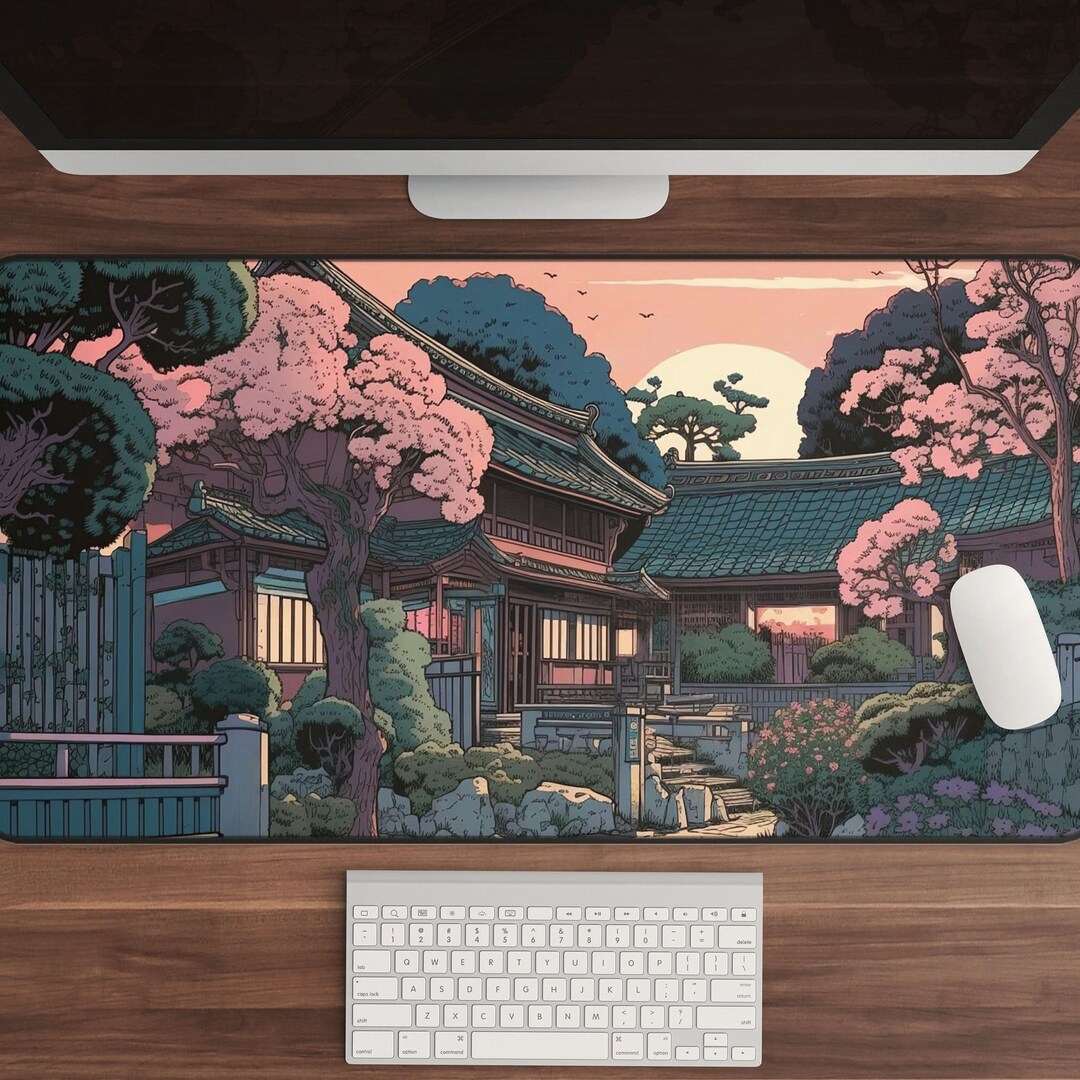 Japanese House Desk Mat | Pink Traditional Asian Style Village | Large ...