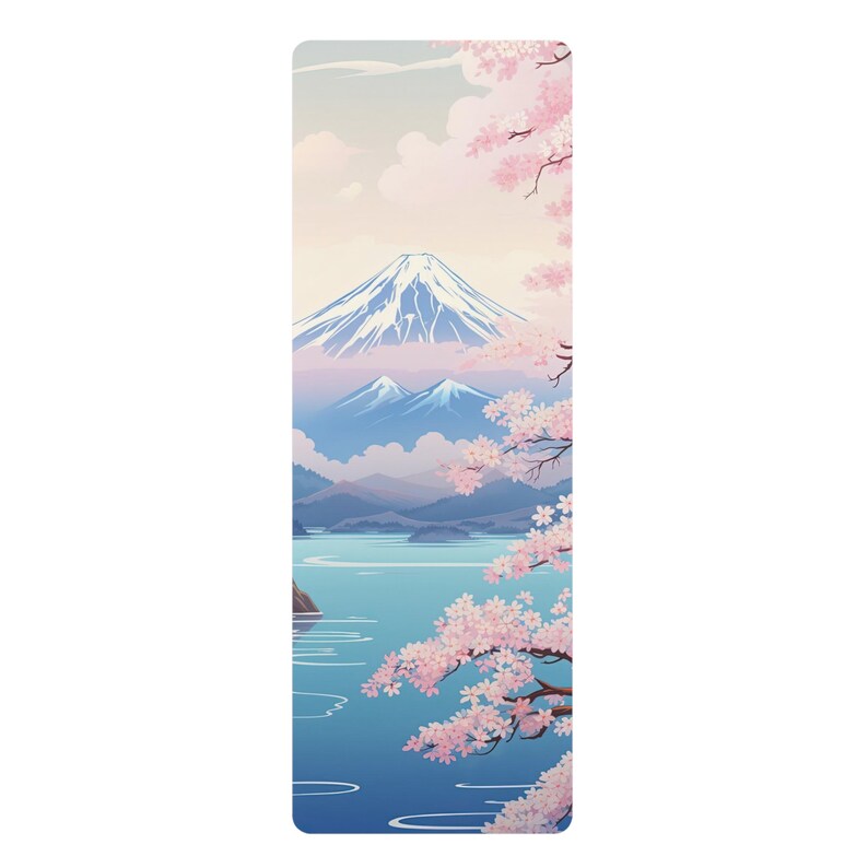 May include: A scenic illustration of Mount Fuji with a lake in the foreground and a cherry blossom tree in the right corner. The sky is a soft pink and blue with white clouds.