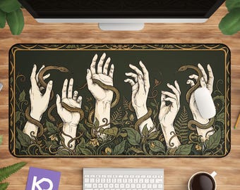 Dark Fantasy Desk Mat, Occult Snake Botanical Art, Gothic Office Decor, Witchy Gamer Gift