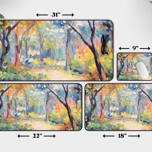 May include: A set of four mouse pads featuring a colorful painting of a forest path. The largest mouse pad is 31 inches by 15.5 inches, the next largest is 22 inches by 12 inches, the third largest is 18 inches by 12 inches, and the smallest is 9 inches by 7 inches.