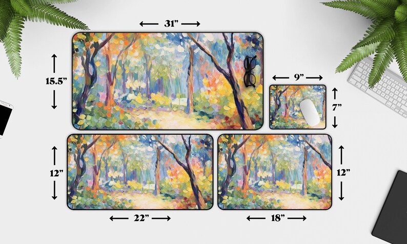 May include: A set of four mouse pads featuring a colorful painting of a forest path. The largest mouse pad is 31 inches by 15.5 inches, the next largest is 22 inches by 12 inches, the third largest is 18 inches by 12 inches, and the smallest is 9 inches by 7 inches.