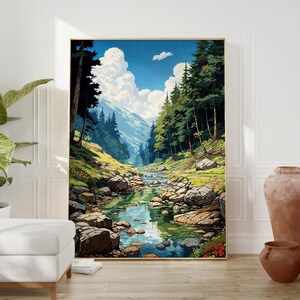 Póster de anime lofi: escena de naturaleza vibrante de estilo manga, perfecta para la decoración de habitaciones y para los fanáticos del anime