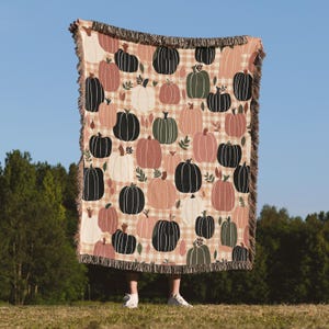 Pumpkin Woven Blanket, Fall Throw Blanket with Gingham Check, Cozy Autumn Decor, Thanksgiving and Harvest Gift
