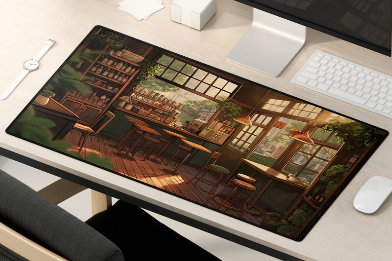 May include: A brown and green illustrated mousepad featuring a cafe interior with a counter, shelves, and tables. The cafe has large windows with a view of a city street. The mousepad has a white border.
