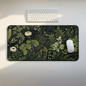 Botanical Art Nouveau Desk Mat - Sage Green Floral And Plant Detailed Design - Ideal Cute Office Decor & Extended Keyboard Mat image 3