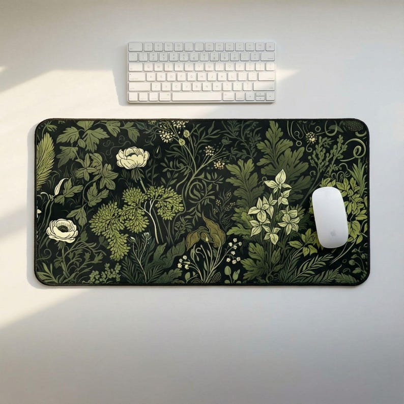 Botanical Art Nouveau Desk Mat - Sage Green Floral And Plant Detailed Design - Ideal Cute Office Decor & Extended Keyboard Mat image 3