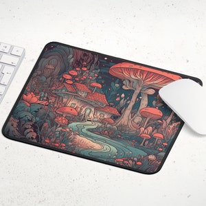 May include: A whimsical mousepad featuring a colorful illustration of a mushroom forest with a small house, a winding path, and a variety of mushrooms in shades of red, orange, and pink.