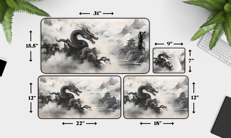 May include: A set of four mouse pads featuring a black dragon in a misty mountain landscape. The largest pad is 31 inches by 15.5 inches, the next largest is 22 inches by 12 inches, the third is 18 inches by 12 inches, and the smallest is 9 inches by 7 inches.