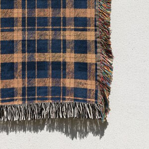 Cotton Woven Blanket: Navy and Yellow Blue Plaid - Rustic Cabin Style image 1