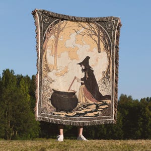 Witch Blanket Woven Throw, Vintage Witch Art Cauldron Scene, Gothic Halloween Decor, Mystical Dark Cottagecore