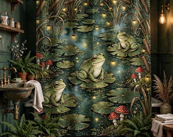 Frog Shower Curtain - Cottagecore Mushroom and Toadstool Bathroom Decor, Gift for Frog Lovers