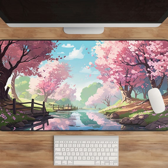 Anime Sakura Desk Mat: Cherry Blossom Spring Landscape