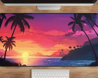 Tropical Sunset Desk Mat: Violet Palm Trees, Large Mouse Pad