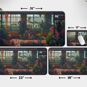May include: Four different sizes of mousepads featuring a digital illustration of a room filled with plants and a window. The largest mousepad is 31 inches wide and 15.5 inches tall. The second largest mousepad is 22 inches wide and 12 inches tall. The third largest mousepad is 18 inches wide and 12 inches tall. The smallest mousepad is 9 inches wide and 7 inches tall.