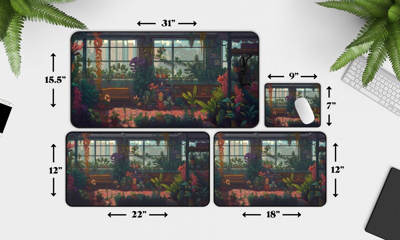 May include: Four different sizes of mousepads featuring a digital illustration of a room filled with plants and a window. The largest mousepad is 31 inches wide and 15.5 inches tall. The second largest mousepad is 22 inches wide and 12 inches tall. The third largest mousepad is 18 inches wide and 12 inches tall. The smallest mousepad is 9 inches wide and 7 inches tall.