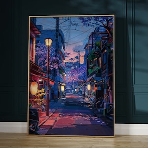 Pôster de rua de anime, arte colorida da cidade do pôr do sol para a estética japonesa, paisagem urbana aconchegante, cena de sakura perfeita para decoração de beco