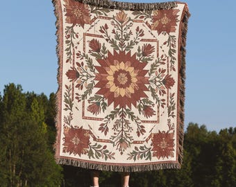 Floral Fall Throw Blanket, Autumn Quilt Design, Cozy Cottagecore Decor, Rustic Botanical Accent