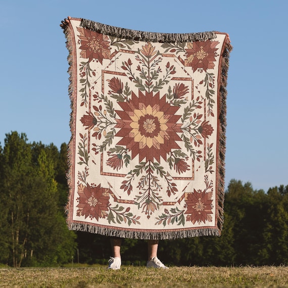 Floral Fall Throw Blanket, Autumn Quilt Design, Cozy Cottagecore Decor, Rustic Botanical Accent