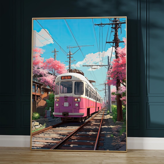 Lofi Anime Art Print: Pink Train & Cherry Blossoms - Manga Style